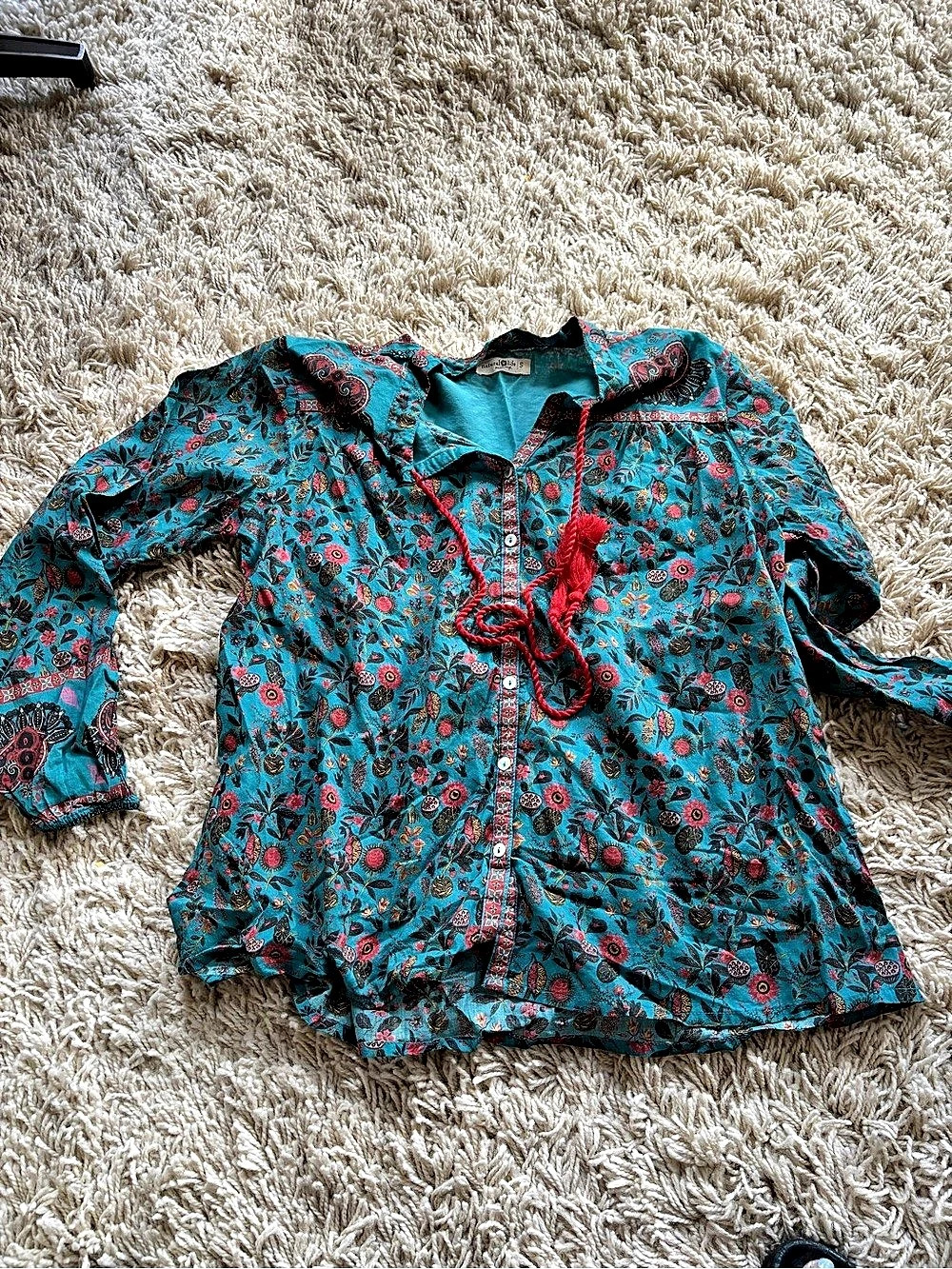 Natural Life Floral Tassel Button Down in Blue Size Small